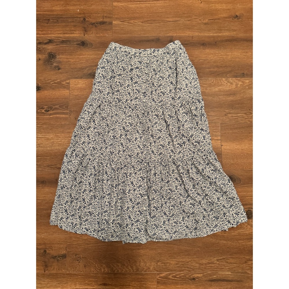 Madewell Blue White Floral Tiered Midi Skirt Cotton Button Front XS